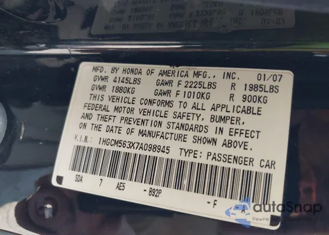 2007 Honda Accord 2.4 Se z USA, uszkodzony, nr VIN 1HGCM563X7A098945